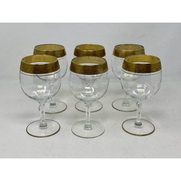 Set Of 6 Vintage MCM Double Gold Banded Wine Glasses Hexagonal Stems Plaza NYC - Picture 9 of 13